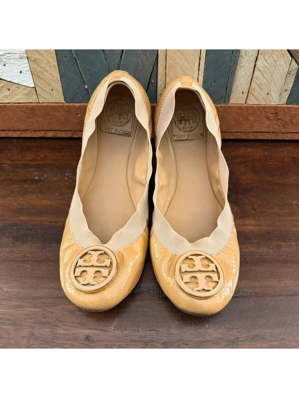 Tory Burch Minnie Travel Ballet Flats Beige Nude Patent Leather Elastic Size 7M
